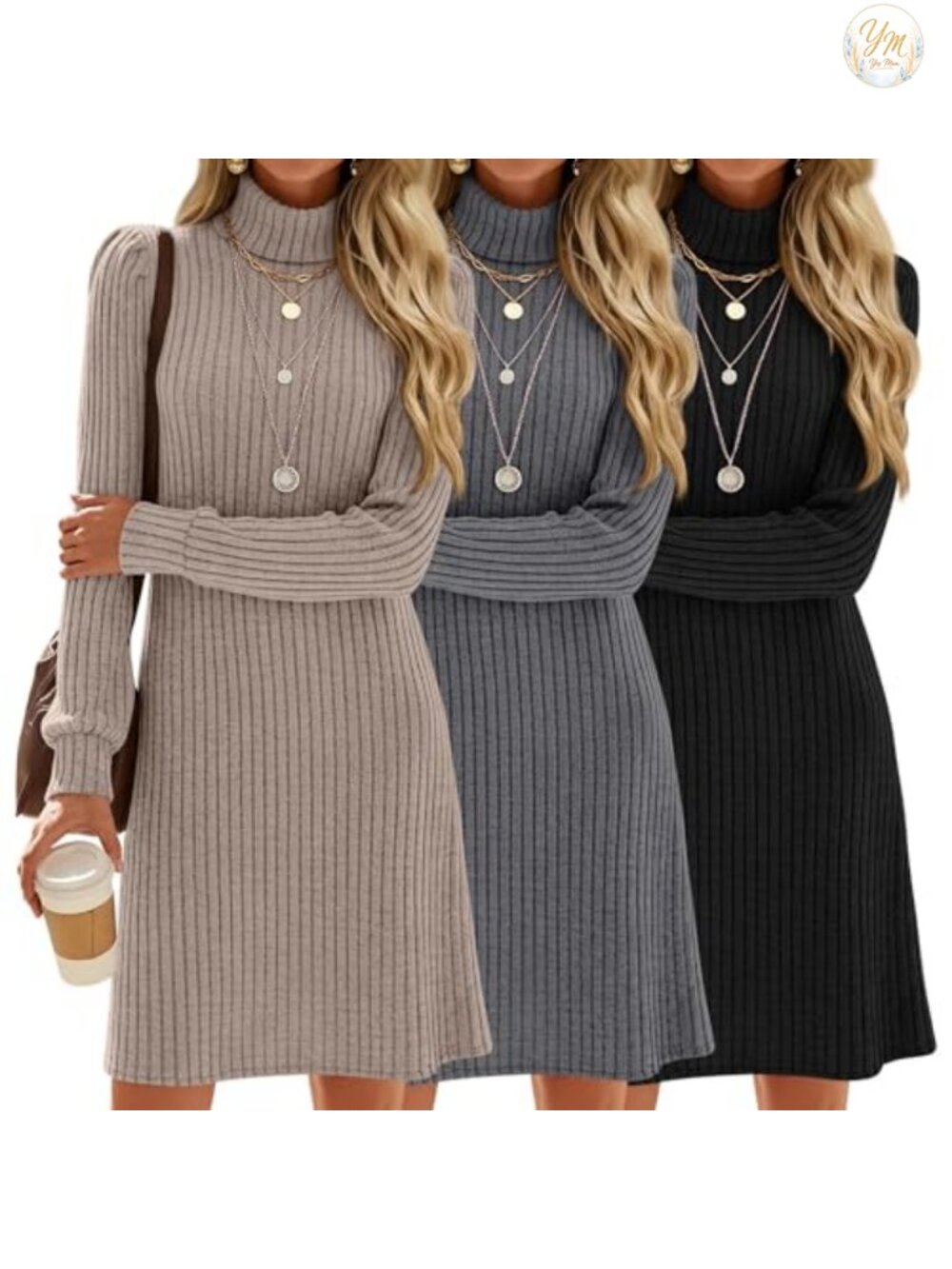 Ribbed Knit Turtleneck Sweater Dress A-Line Mini Bodycon 3 Pack